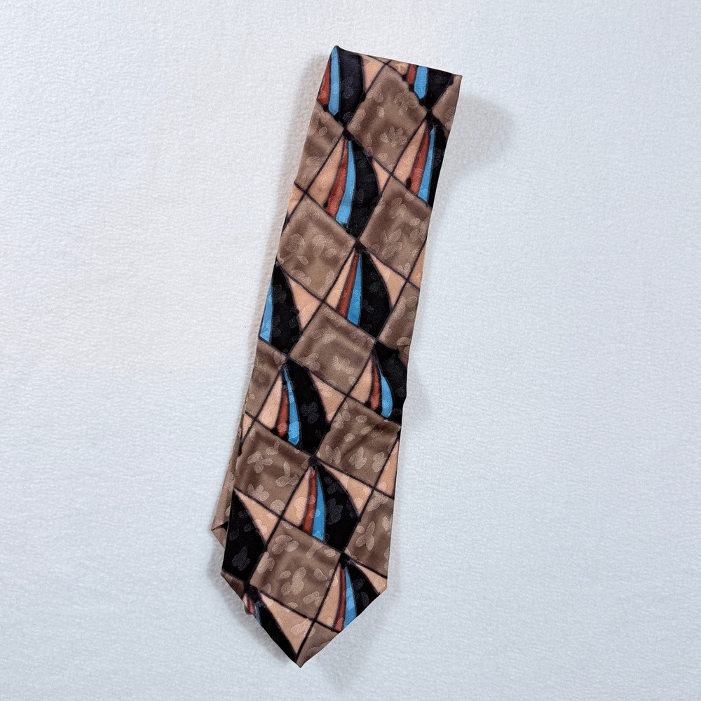 Robert Daskal Necktie Mens OS Brown Handpainted Geometric Silk Gloria Cha Artsy